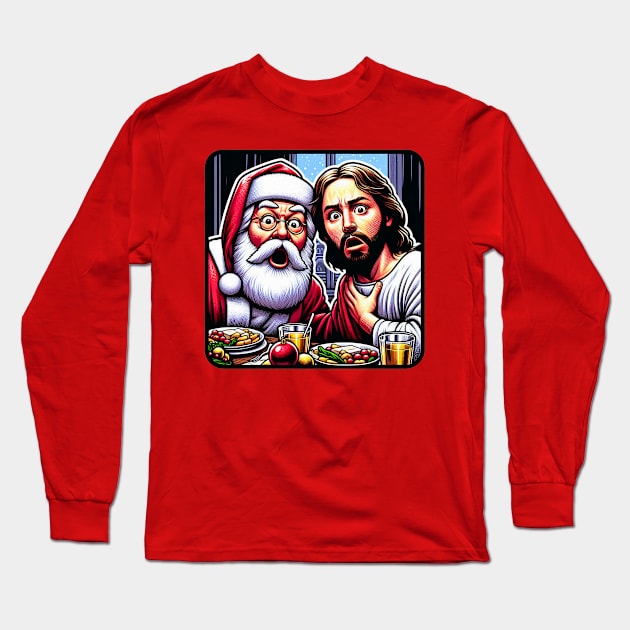 Jesus Santa Claus Christmas Dinner Holy Silent Night wwjd We Saw That meme Long Sleeve T-Shirt by Plushism